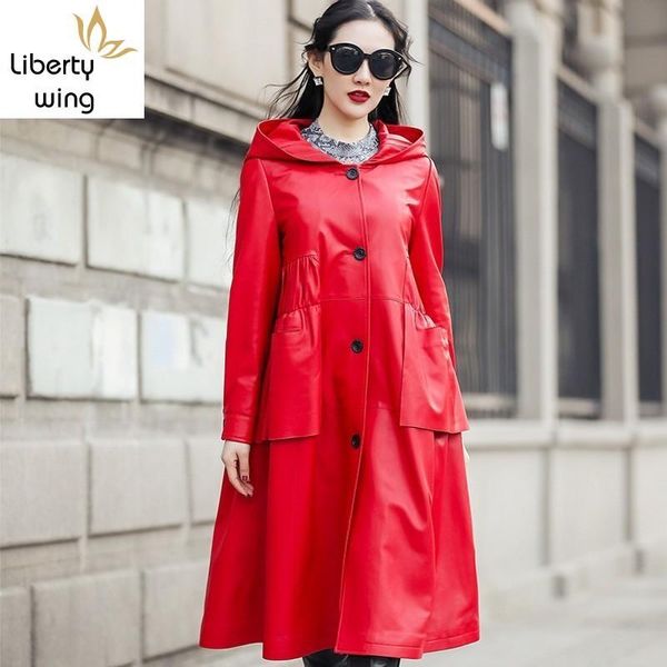 

women's leather & faux designer genuine woemns cloak loose hooded long sleeve single breasted sheepskin medium length trench coats, Black