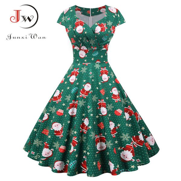 

christmas party dress women 2020 short sleeve v neck elegant vintage print xmas new year prom sundress plus size robe lj201112, Black;gray