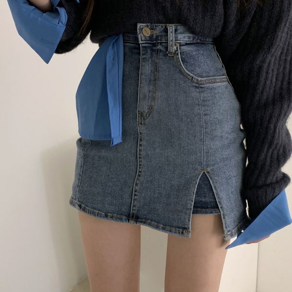 

2021 new summer popular south korea's feminine wear side slit hip package tall jean shorts skirt 00hz, Black