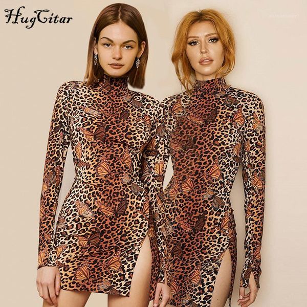 

casual dresses hugcitar 2021 long sleeve leopard butterfly print slit mini dress autumn winter women streetwear club party outfits1, Black;gray
