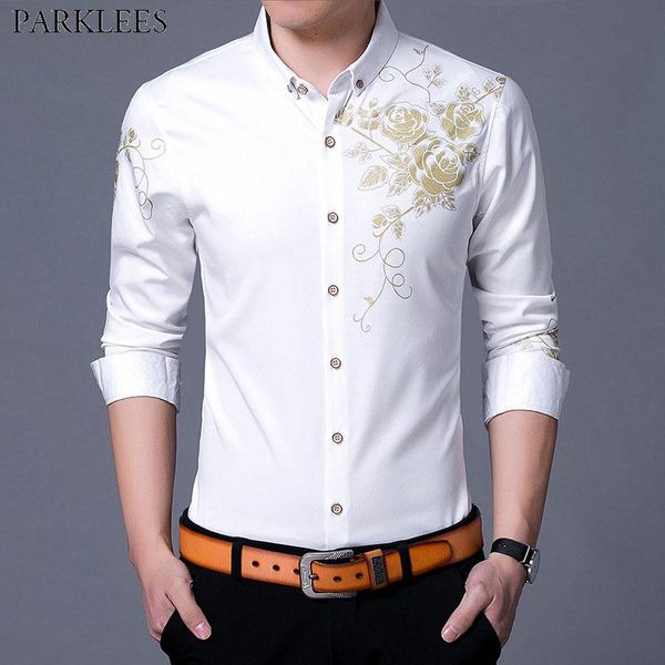 

golden rose flower print dress shirt men 2020 fashion new slim fit long sleeve chemise homme casual button down shirt male white, White;black
