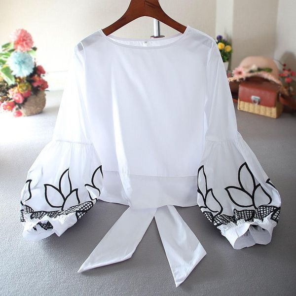 

women's blouses & shirts spring summer style cotton long sleeve o-neck printed lantern korean sp505, White