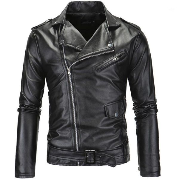 

2021 new casual slim men's leather jacket fashion men zipper solid color turn-down collar male motorcycle jacket leather coats1, Black
