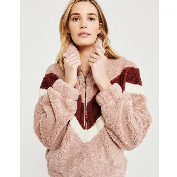 

2020 autumn winter women warm teddy bear fleece patchwork sweaters zip outwear overcoat jumper pullover soft female coat1, White;black