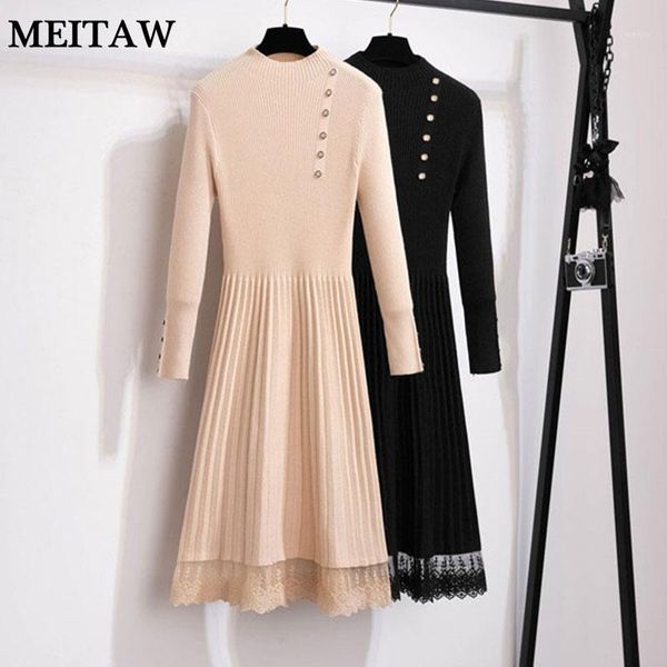

women high elasticity sweater dress autumn winter lace knit dress 2020 lady button slim a line korean dresses plus size1, Black;gray