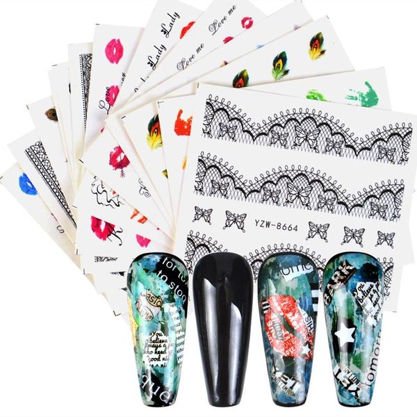 

stickers & decals 1 sheet nail mixed feather lips lace art water transfer tattoos sliders manicure, Black