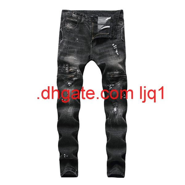 

new jeans men's high street motorcycle hole slim black men's jeans fashion, Blue