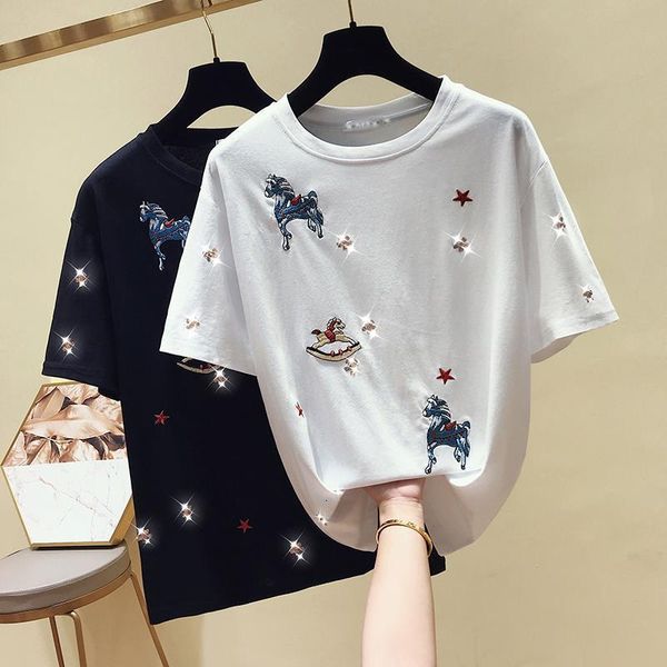 

2019 summer women's embroidered sequins short-sleeved t-shirt new s fashion korean casual loose t-shirt female instees, White