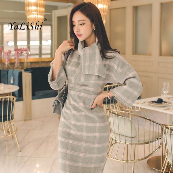 

casual dresses 2021 autumn winter women dress midi office party woolen vintage bodycon plaid vestidos scarf batwing sleeve, Black;gray