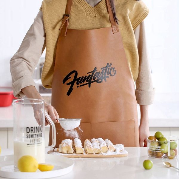 

oil-proof baking waterproof leather kitchen cooking restaurant aprons for women home sleeveless apron brown letter