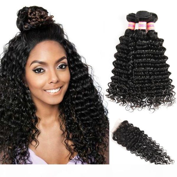 

brazilian virgin hair deep wave 3 4 bundles with closure 9a unprocessed human hair bundle lace closure, Black