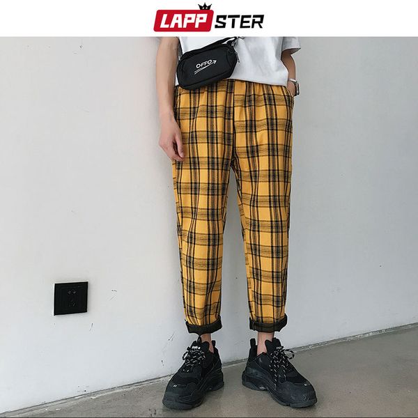 

lappster streetwear yellow plaid pants men joggers 2020 man casual straight harem pants men korean hip hop track pants plus size, Black