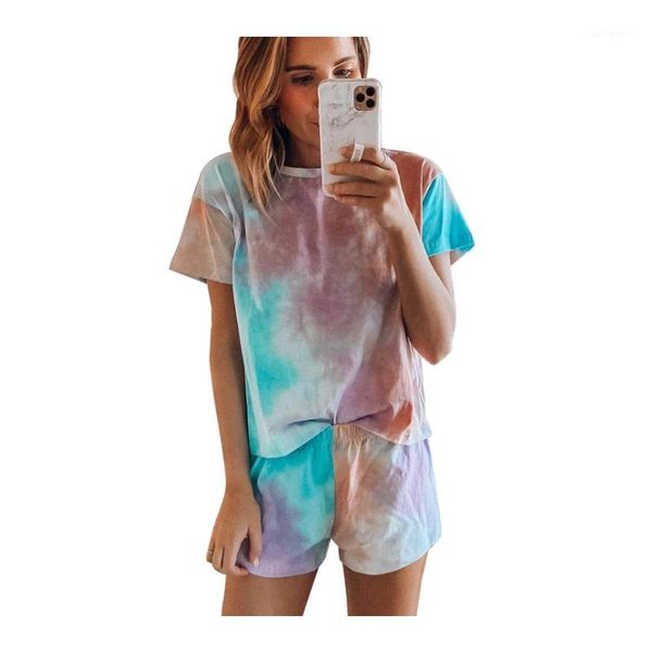 

women's printing dyeing stars short-sleeved round neck crew collar t-shirt shorts loose home sleep casual pajama set1, Black;red