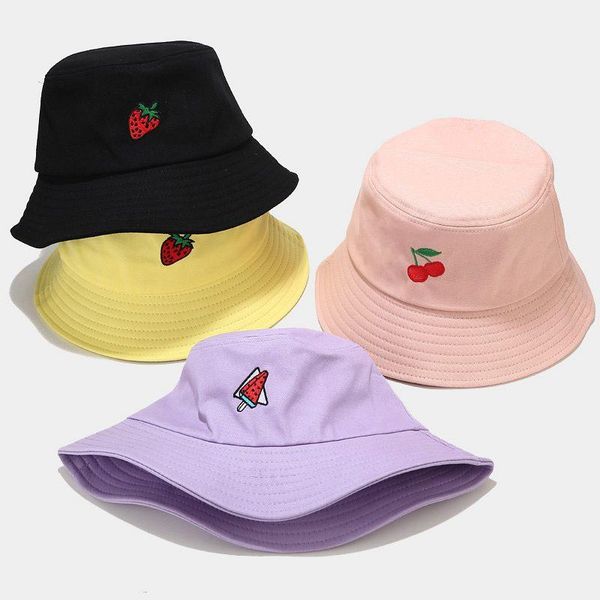 

summer fruit cotton fisherman hat,cherry embroidery outdoor travel sun visor,fashion strawberry embroidery foldable hat,56-58cm, Blue;gray