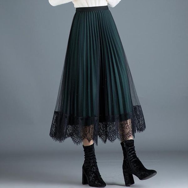 

women tulle double sided skirts fashion elastic high waist mesh tutu skirt pleated long skirts midi skirt jupe femmle lace skirt, Black