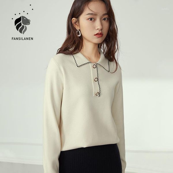 

fansilanen vintage white knitted sweater women autumn winter elegant wram pullover female embroidery casual jumper 20201, White;black