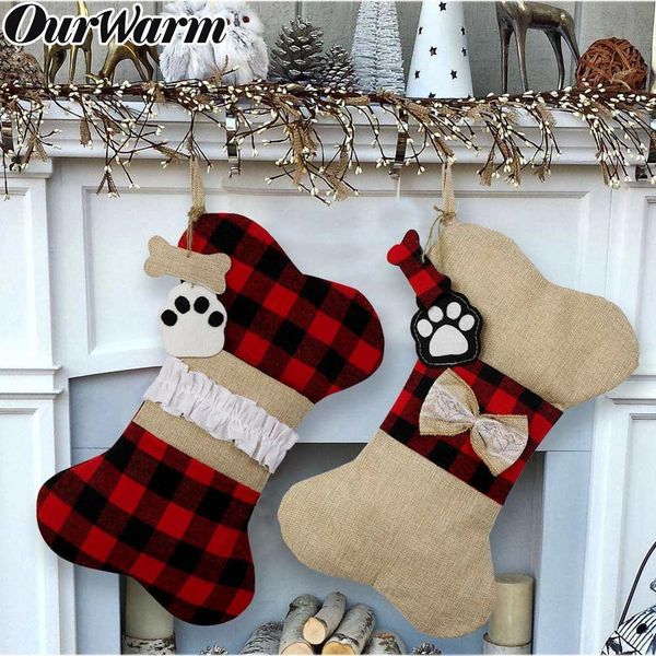 

big plaid puppy stocking 42cm*26cm cotton and burlap bone christmas gift bags for dog