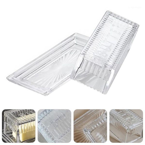 

1pc rectangular glass butter plate with lid tableware storage box container1