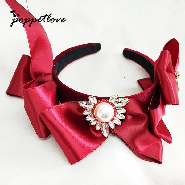 

red wedding velvet beaded big three bowknot wire diy hairband women girl cute bow tie beads hair straps headband hair accessorie, Golden;silver
