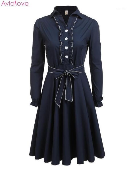 

casual dresses turn-down collar ruffled trim belted shirt dress long sleeve solid women high waist button knee length1, Black;gray