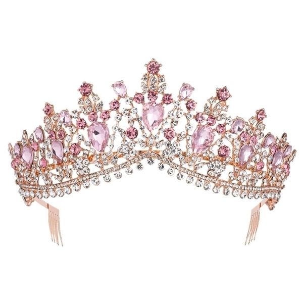 Baroque Rose Gold Pink Crystal Bridal Tiara Crown с гребенью Pageant Prom Veive повязка на голову свадебные аксессуары для волос 220226