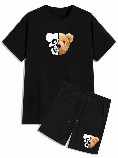 

romwe guys bear & skull print tee & drawstring shorts w3tk#, Gray