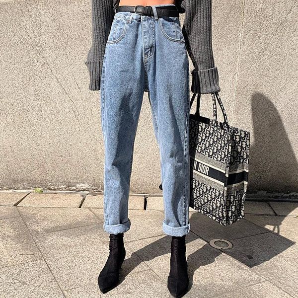 

alien kitty all match casual high street office lady 2020 large size women light washed high waist slender harem trousers, Blue