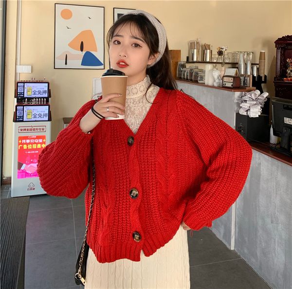 

2021 new women's knitted cardigan oversized loose solid full length sleeves cleavage in v single knitting shirt breasted 7lt2, White;black