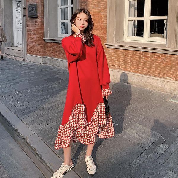 

2021 new dressed houndstooth sewing spring new long sleeve retro loose around irregular female fashion cotton dress l9 ddgq, Black;gray
