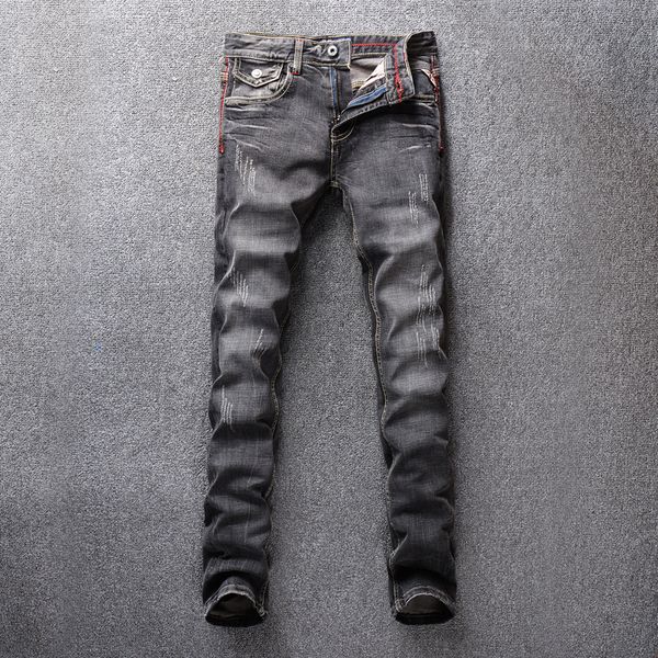 

2021 new italian style fashion black gray slim fit ripped men vintage designer denim pants streetwear hip hop jeans homme 9yo4, Blue