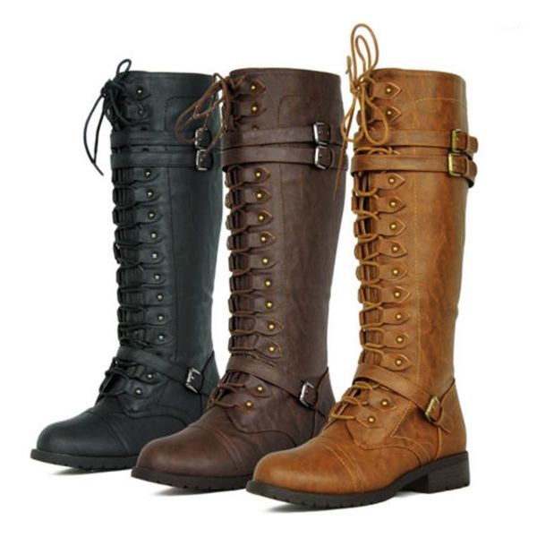 

new knee high women boots autumn winter lace up vintage flat shoes steampunk leather retro buckle ladies snow boots1, Black
