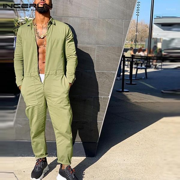 

incerun fashion men cargo overalls solid joggers long sleeve zipper rompers pockets 2020 streetwear chic mens jumpsuit pants 5xl1, Black