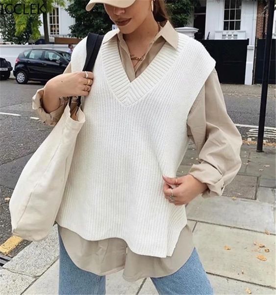 

women's vests icclek autumn and spring fashionable women's four-color knitted solid color casual loose streetwear vest 1, Black;white