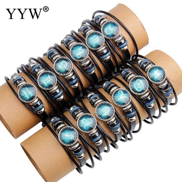

charm bracelets yyw punk zodiac women male couple wrap bracelet hematite stone constellation 3-rows multi layer cowhide, Golden;silver