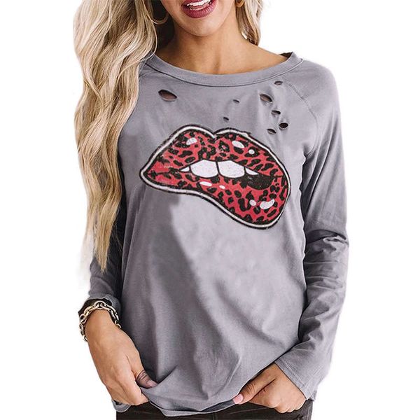 

shiying lip print perforated fashion street style round neck long sleeve t-shirt women's casual 2521433, Black;gray