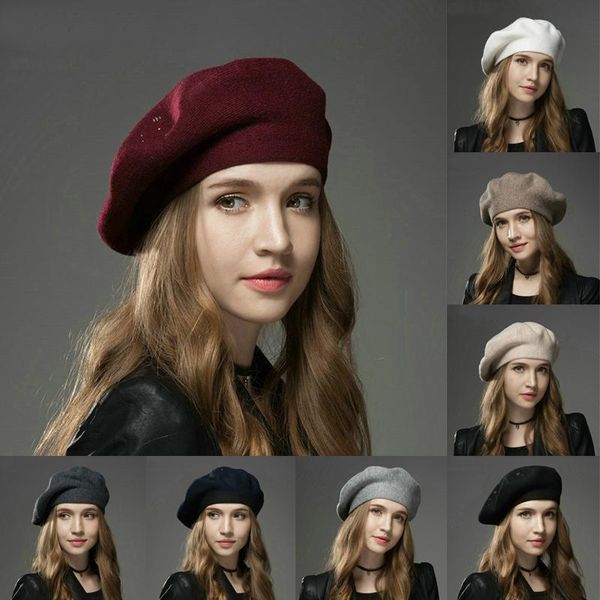 

korean autumn winter wool warm beret ladies fashion all-match rhinestone octagonal hat retro art painter hat, Blue;gray