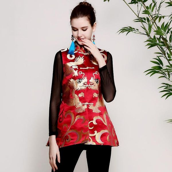 

vintage chinese traditional dragon print clothing women vest1, Red