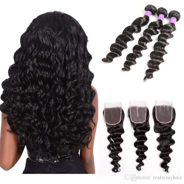 

virgin brazilian hair bundles with closure loose deep wave human hair extensions dyeable natural color weft with part lace closure, Black;brown