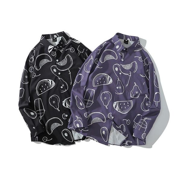 

men's casual shirts 21 spring mens fruit print hawaii beach harajuku streetwear long sleeve oversize blouse hiphop purple, White;black
