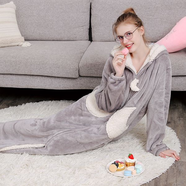 

2021 new autumn winter long nightgown for women hood solid zipper fluffy female nightdress ankle length thick bathrobe sleepwear 43zt, Black;red