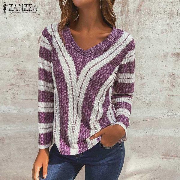 

women's sweaters striped 2021 zanzea stylish casual long sleeve knitwear blusas female v neck pull femme pullovers oversize1, White;black