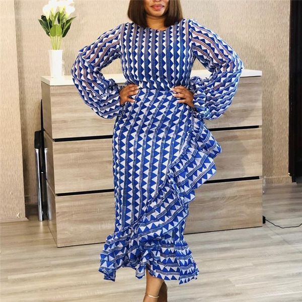 

women blue printed dress ruffles with waist belt o neck long lantern sleeves autumn female vestidos fashion new vestidos robes, Black;gray