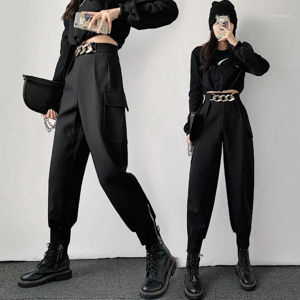 

handsome cargo pants women harajuke high waist loose straight harem cropped pants 2020 new side zipper long trousers with chain1, Black;white
