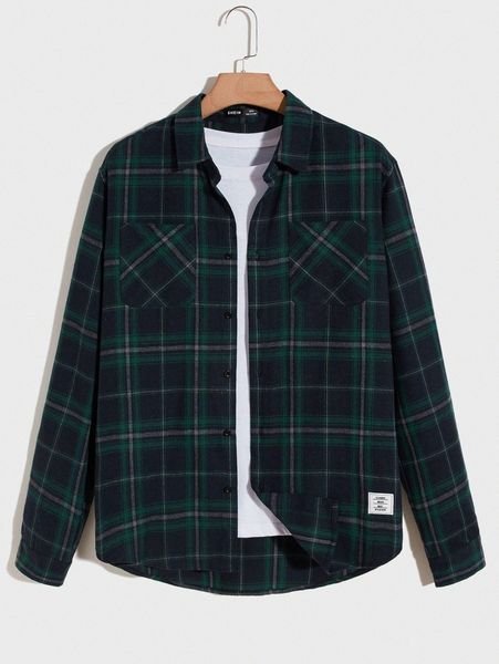 

men tartan letter patched pocket front shirt without tee o9n8#, White;black