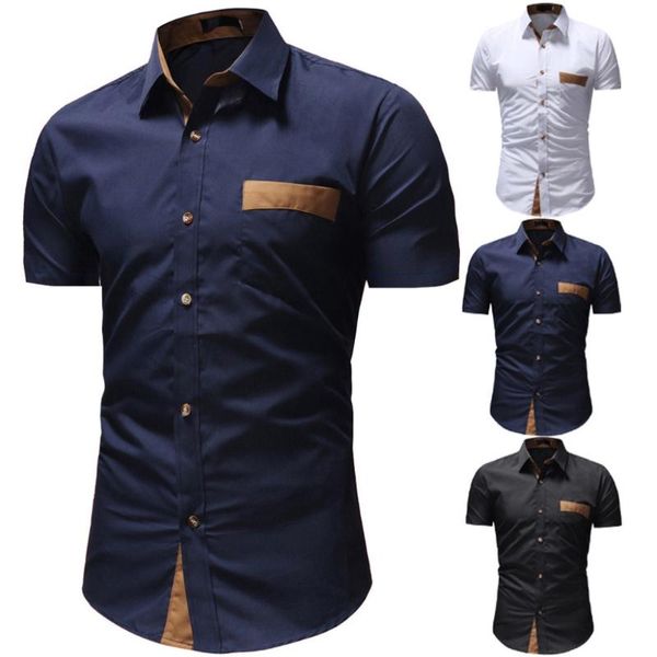 

men's casual shirts 2021 fashion man shirt blouse solid button down short sleeve summer turn-down collar, White;black