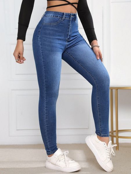 

zipper up placket skinny jeans k6mh#, Blue