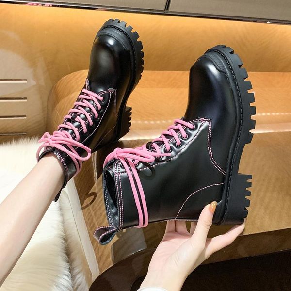 

lady boots round toe plush winter shoes for women lace up boots-women luxury designer med fur 2020 rubber autumn ankle lolita, Black