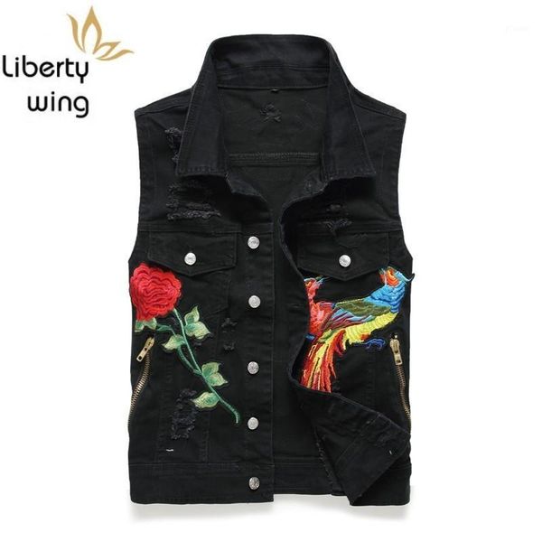 

mens denim vests fashion summer distressed sleeveless black jaqueta masculina slim fit embroidery flower casual jeans vest1, Black;white