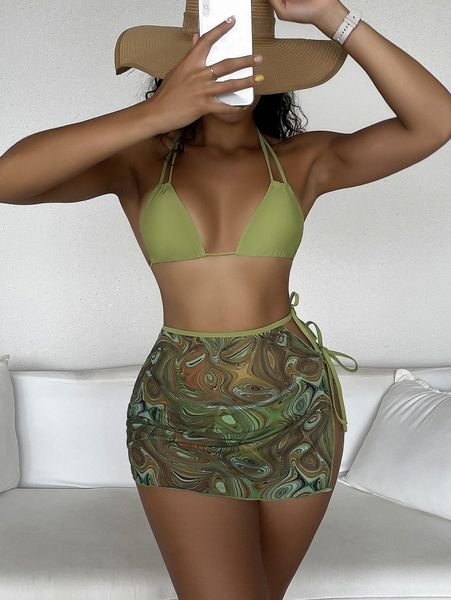 

3pack plain halter triangle bikini swimsuit & beach skirt a4gn#, White;black