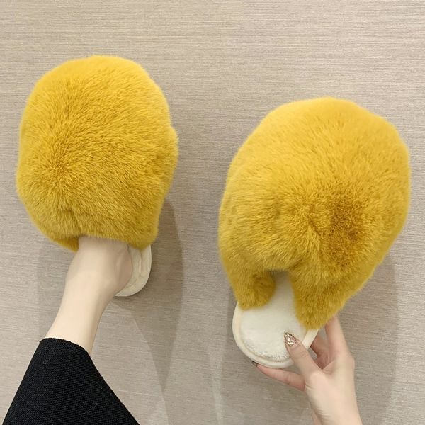 

winter new fluffy house women slippers solid chic ladies shoes warm plush indoor bedroom women furry slides, Black